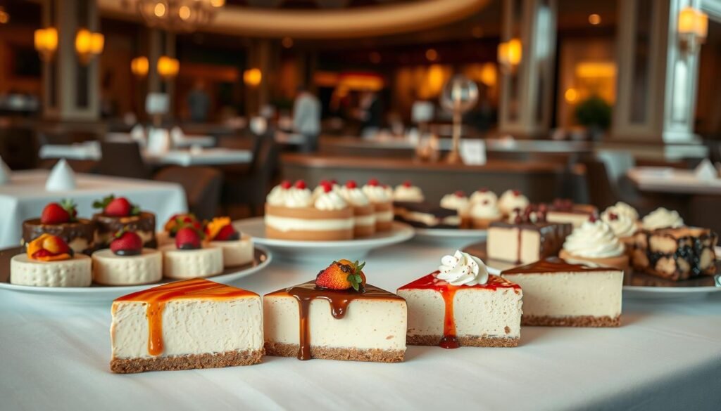 A beautifully crafted Cheesecake Factory dessert menu, presented on a crisp, white tablecloth. The foreground features an assortment of decadent cheesecakes, each slice meticulously arranged with vibrant garnishes and a drizzle of rich sauces. The middle ground showcases a variety of tempting desserts, from creamy mousse cakes to indulgent chocolate lava creations, all illuminated by soft, warm lighting. In the background, a blurred view of the Cheesecake Factory's iconic restaurant setting, with its elegant, contemporary decor providing a refined and inviting atmosphere. The overall composition conveys the luxurious and indulgent experience of the Cheesecake Factory's dessert menu.