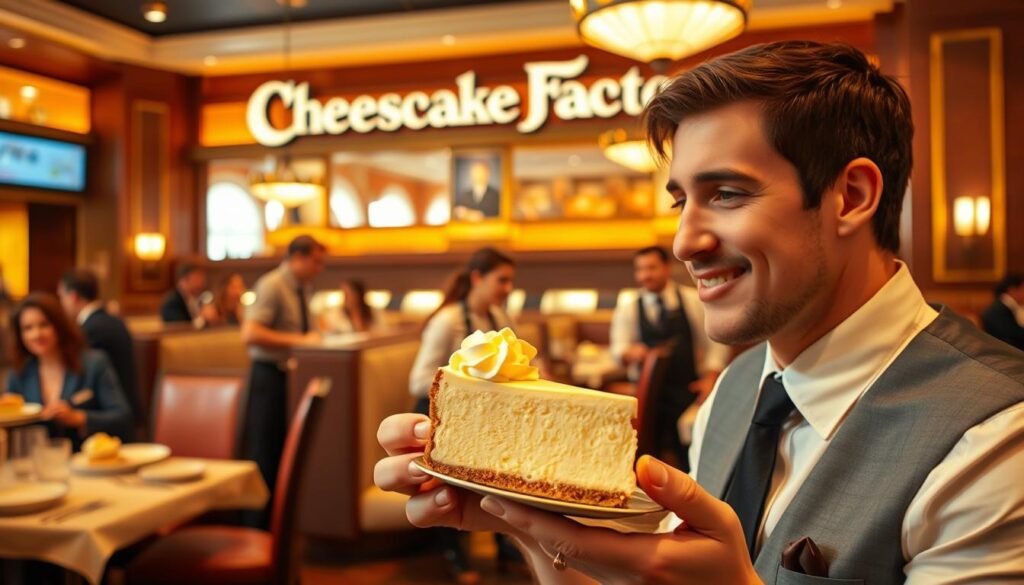A bustling Cheesecake Factory restaurant, bathed in warm, inviting lighting. In the foreground, a well-dressed customer savors a generous slice of decadent cheesecake, the creamy texture and artful presentation evident. The middle ground showcases attentive servers, offering impeccable service with welcoming smiles. In the background, an elegantly appointed dining room sets the stage, with plush booths, polished wood accents, and a vibrant atmosphere that whisks diners away to a delightful culinary experience. The scene conveys a sense of indulgence, satisfaction, and the exceptional standards that define the Cheesecake Factory brand.