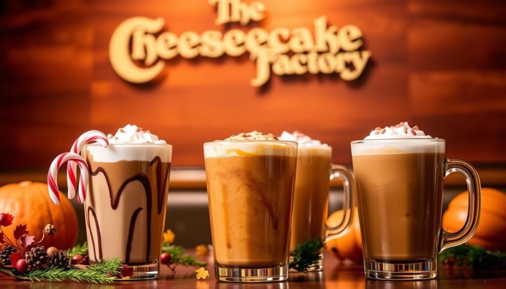 A cozy, inviting scene of the Cheesecake Factory's seasonal drink offerings. In the foreground, an array of festively decorated glasses filled with vibrant, creamy beverages - a peppermint mocha latte, a spiced apple cider, and a pumpkin spice latte. Soft, diffused lighting casts a warm, autumnal glow, while in the background, the Cheesecake Factory's iconic logo and signage are subtly visible, framed by a backdrop of rich, textured wood paneling. The overall atmosphere evokes a sense of comfort, indulgence, and the anticipation of seasonal flavors. A cozy, inviting scene of the Cheesecake Factory's seasonal drink offerings. In the foreground, an array of festively decorated glasses filled with vibrant, creamy beverages - a peppermint mocha latte, a spiced apple cider, and a pumpkin spice latte. Soft, diffused lighting casts a warm, autumnal glow, while in the background, the Cheesecake Factory's iconic logo and signage are subtly visible, framed by a backdrop of rich, textured wood paneling. The overall atmosphere evokes a sense of comfort, indulgence, and the anticipation of seasonal flavors.