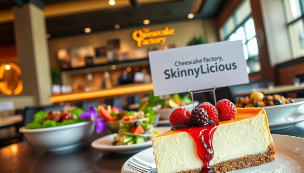 A cozy, well-lit interior of a Cheesecake Factory restaurant, with a focus on the "SkinnyLicious" menu section. In the foreground, a beautifully presented slice of decadent cheesecake, adorned with fresh berries and a light dusting of powdered sugar. The middle ground showcases a variety of healthier, plant-based dishes, including a vibrant salad, a hearty grain bowl, and a colorful veggie-packed entree. The background features the restaurant's signature warm, inviting ambiance, with subtle lighting and a clean, modern aesthetic. The overall mood is one of balance, where indulgence and nourishment coexist harmoniously.