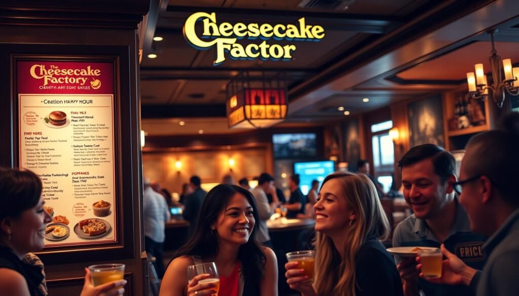 A cozy, well-lit interior of the Cheesecake Factory restaurant, featuring a prominently displayed happy hour menu board showcasing various food and drink specials. In the foreground, a group of friends enjoying cocktails and appetizers, their faces lit with genuine delight. The middle ground captures the vibrant atmosphere, with servers bustling about and the signature Cheesecake Factory décor visible in the background. Warm, inviting lighting casts a soft glow over the scene, creating a welcoming and convivial ambiance that captures the essence of the Cheesecake Factory happy hour experience.