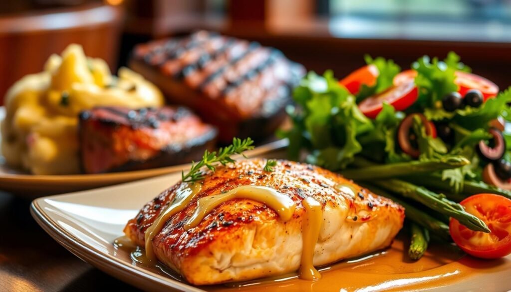 A high-quality, mouth-watering shot of the best gluten-free dishes from Cheesecake Factory. In the foreground, a beautiful presentation of a grilled salmon fillet with roasted vegetables, drizzled with a light, tangy sauce. In the middle ground, a juicy, seared steak with a side of creamy mashed potatoes. In the background, a lush, green salad with vibrant, fresh ingredients. Warm, soft lighting illuminates the scene, creating a cozy, upscale ambiance. The composition is balanced, the colors are rich and appetizing, and the overall impression is one of a delectable, gluten-free gourmet meal.