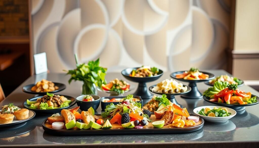 A lush, inviting display of allergy-friendly menu items from Cheesecake Factory. In the foreground, an array of delectable appetizers, salads, and small plates, artfully arranged on a sleek, modern table setting. The middle ground showcases a diverse selection of colorful, fresh ingredients, highlighting the restaurant's commitment to accommodating various dietary needs. The background features a softly blurred, airy backdrop, conveying a sense of calm and comfort. Warm, natural lighting casts a cozy glow, enhancing the appetizing appeal of the dishes. The overall scene exudes an atmosphere of culinary inclusivity and hospitality, inviting the viewer to explore the allergy-friendly offerings at Cheesecake Factory.