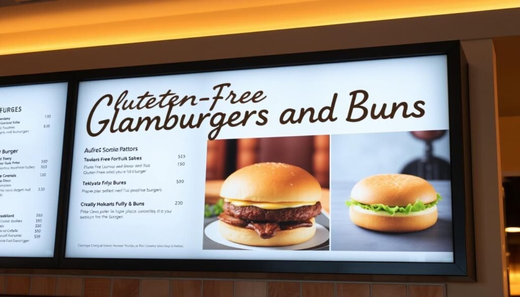 A sleek, modern menu board displays "Gluten-Free Glamburgers and Buns" in a stylized script against a backdrop of warm, inviting lighting. Crisp, high-resolution images of juicy burger patties and fluffy buns draw the eye, showcasing the Cheesecake Factory's commitment to providing delicious gluten-free options. The menu is arranged with clean, minimalist design, allowing the mouthwatering visuals to take center stage. The overall atmosphere exudes an upscale, sophisticated ambiance, reflecting the brand's attention to detail and quality. A subtle, neutral color palette complements the professional, high-end presentation of the gluten-free menu items.