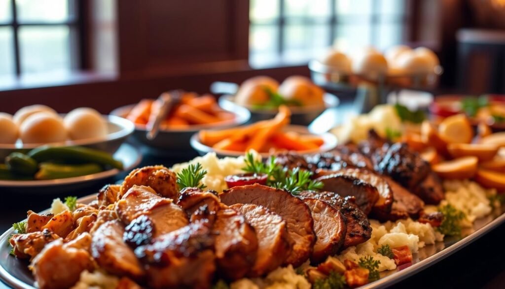 A tasteful display of Cheesecake Factory's catering menu selections, showcasing an array of sumptuous entrees and main course options. In the foreground, a beautifully arranged platter features a selection of signature dishes, including tender roasted chicken, savory beef brisket, and creamy mashed potatoes. The middle ground highlights complementary side dishes, such as vibrant roasted vegetables and fluffy dinner rolls. In the background, a softly lit setting evokes the warm and inviting ambiance of the Cheesecake Factory's signature dining experience. The lighting is natural and diffused, creating a mouthwatering presentation that captures the quality and variety of the catering menu.