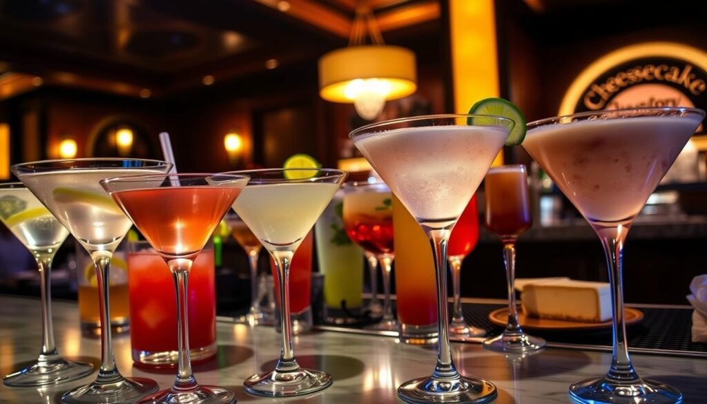 A vibrant scene at the Cheesecake Factory's happy hour, with a dimly lit bar showcasing an array of tempting cocktails and mocktails. In the foreground, freshly poured martinis glisten under warm lighting, their garnishes adding a touch of elegance. The middle ground features an assortment of colorful mixed drinks, each with its own unique twist, such as a fruity sangria or a refreshing mojito. In the background, the restaurant's signature cheesecake is subtly visible, hinting at the delectable treats to come. The overall atmosphere is one of relaxation and indulgence, inviting patrons to unwind and savor the best of the Cheesecake Factory's happy hour offerings.