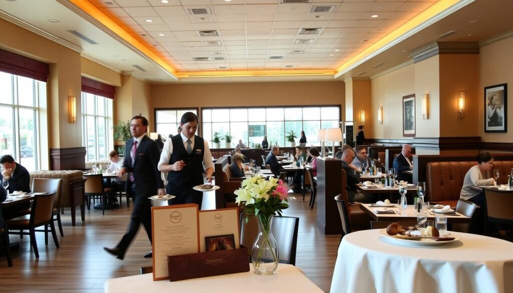 A well-lit Cheesecake Factory dine-in restaurant, with a warm, inviting atmosphere. In the foreground, a table is set with a crisp white tablecloth, a vase of fresh flowers, and a menu showcasing the lunch offerings. Servers in smart uniforms move gracefully through the spacious dining area, delivering plates of tempting dishes. The middle ground features comfortable booths and tables, where patrons savor their meals, engaged in friendly conversation. Large windows in the background allow natural light to pour in, creating a bright, airy ambiance. The overall scene conveys the relaxed, indulgent experience of enjoying a Cheesecake Factory lunch in the restaurant.