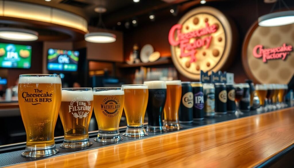A well-lit, carefully curated selection of domestic, imported, and craft beers at the Cheesecake Factory bar. In the foreground, a row of frosty glasses showcasing a variety of beer styles, from classic pilsners to hoppy IPAs. The middle ground features a sleek, modern bartop with a polished wooden surface, creating a sophisticated ambiance. In the background, subtle lighting highlights the restaurant's signature cheesecake-inspired decor, setting the stage for an elevated dining and drinking experience. The overall scene conveys a sense of quality, variety, and attention to detail that aligns with the Cheesecake Factory brand. A well-lit, carefully curated selection of domestic, imported, and craft beers at the Cheesecake Factory bar. In the foreground, a row of frosty glasses showcasing a variety of beer styles, from classic pilsners to hoppy IPAs. The middle ground features a sleek, modern bartop with a polished wooden surface, creating a sophisticated ambiance. In the background, subtle lighting highlights the restaurant's signature cheesecake-inspired decor, setting the stage for an elevated dining and drinking experience. The overall scene conveys a sense of quality, variety, and attention to detail that aligns with the Cheesecake Factory brand.